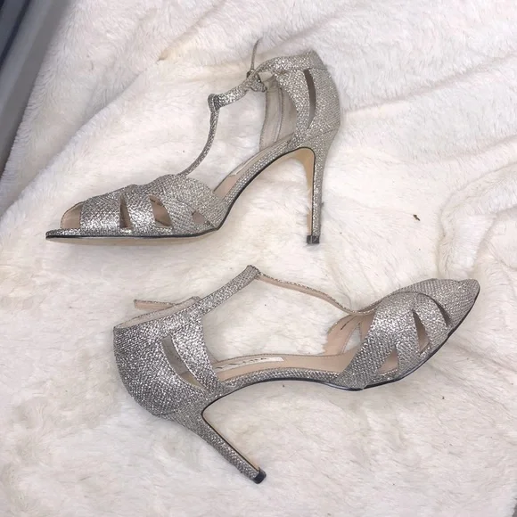 🌷Nina New York🌷 Silver Sparkle Classic Cocktail Heel Dance Sandals - Picture 6 of 7